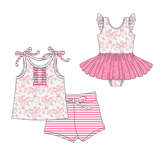Preorder moq 5 Custom Baby Girls Pink Strap Floral Bows Button Top Stripe Short Set Skort Bummise Romper