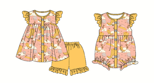 Preorder moq 5 Custom Baby Girls Yellow Boots Cactus Button Tunic Ruffle Short Set Rompers