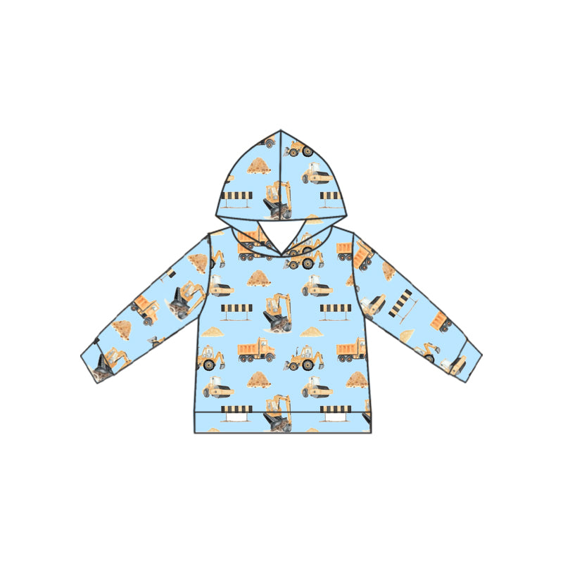 Preorder (moq 5)Baby Boys Light Blue Excavators Plaid Hoodies Tops