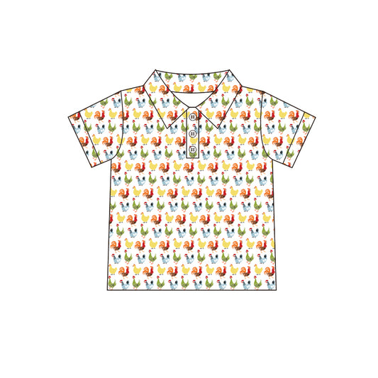 Preorder (moq 5)Baby Boys Farm Animals Chicken Short Sleeve Buttons Tee Shirts Tops