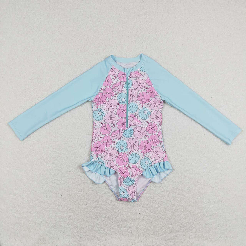 Baby Girls Summer Long Sleeve Flowers One Pieces Swimsuits