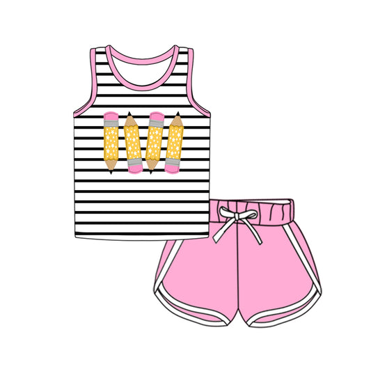 Preorder (moq 5)Baby Girls Black Stripe Sleeveless Pencils Top Pink Short Sport Set Preorder