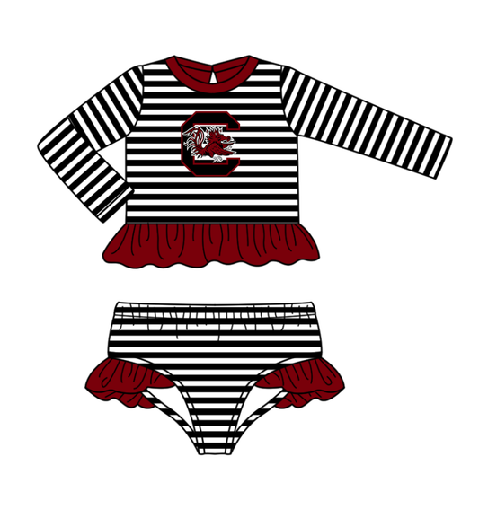 Preorder moq 5 Baby Girls Black Stripe South Carolina Top Bummies Shorts Team Swimsuits