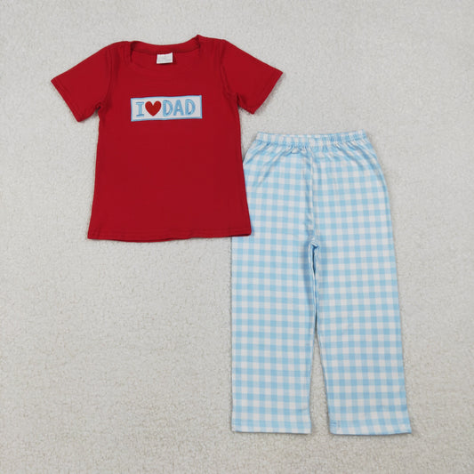 Embroidery I Love Dad Baby Boys Shirts Checked Pants Clothes Sets