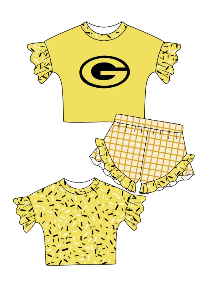 Preorder (moq 5)Baby Girls Yellow Back Sprinkles G Top Checked Ruffle Shorts Team Clothes Set