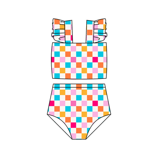 Baby Girls Colorful Checkered Top Bummie Swimsuits Clothes Sets Preorder(moq 5)