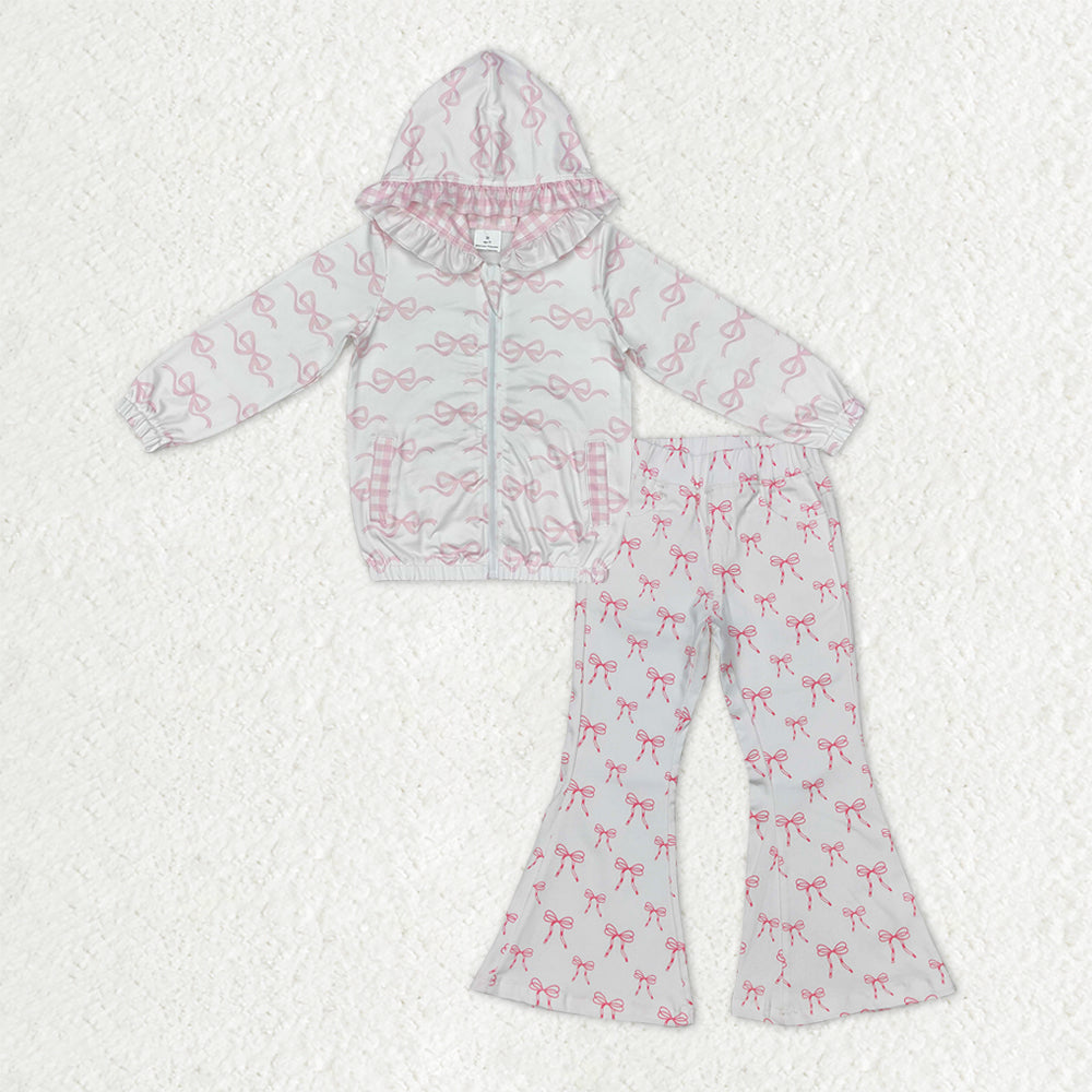Baby Girls Pink Bows Zip Pocket Hoodies Jacket Denim Bell Bottom Pants Clothes Sets