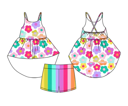 Preorder (moq 5)Baby Girls Colorful Flowers Straps Tunic Stripes Short Sets