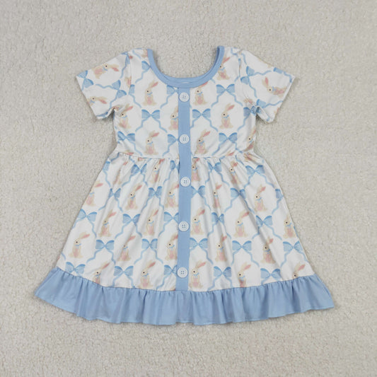 Baby Girls Bows Rabbits Checked Button Easter Ruffle Knee Length Dresses