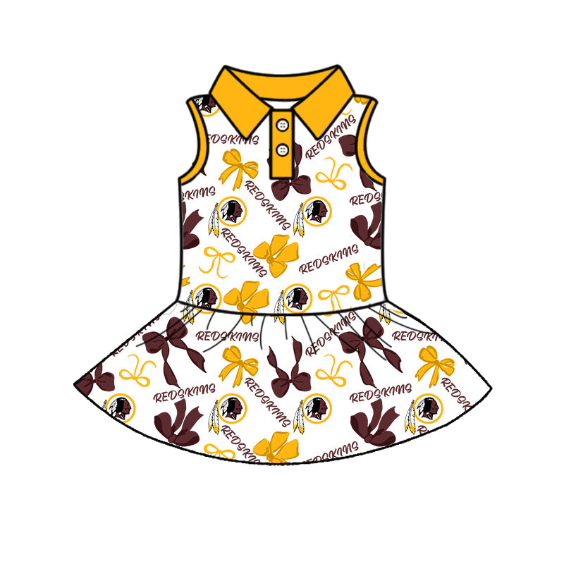Preorder (moq 5)Baby Girls Yellow Sleeveless Button Redskins Bows Shorts Team Knee Length Dresses