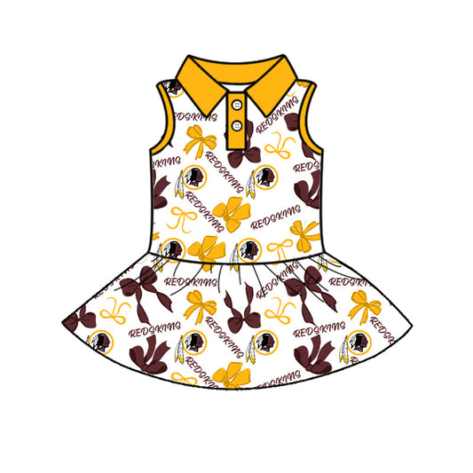 Preorder (moq 5)Baby Girls Yellow Sleeveless Button Redskins Bows Shorts Team Knee Length Dresses