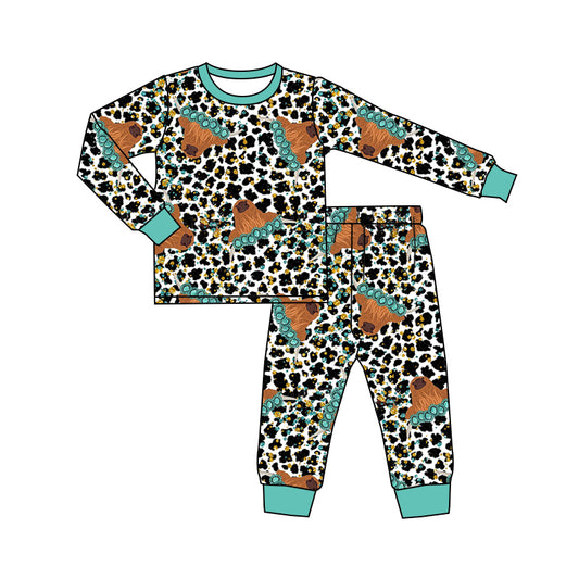 Baby Kids Western Turquoise Cow Top Pants Pajamas Girls Clothing Sets preorder(MOQ 5)