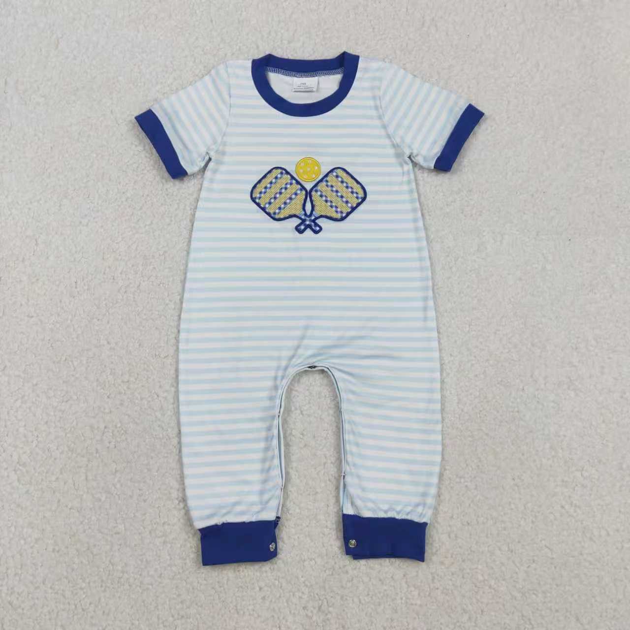 Sibling Baby Boys Blue Stripe Embroidery Tennis Pants Team Clothes Set Footie Rompers