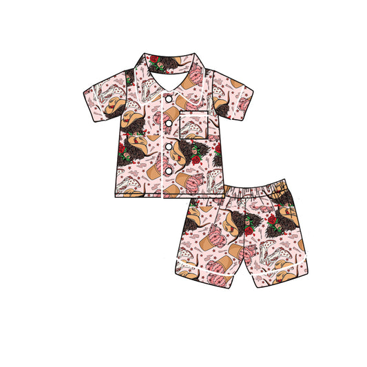 Baby Kids Western Pink Cactus Highland Cow Buttons Shirt Shorts Pajamas Clothes Sets preorder(moq 5)