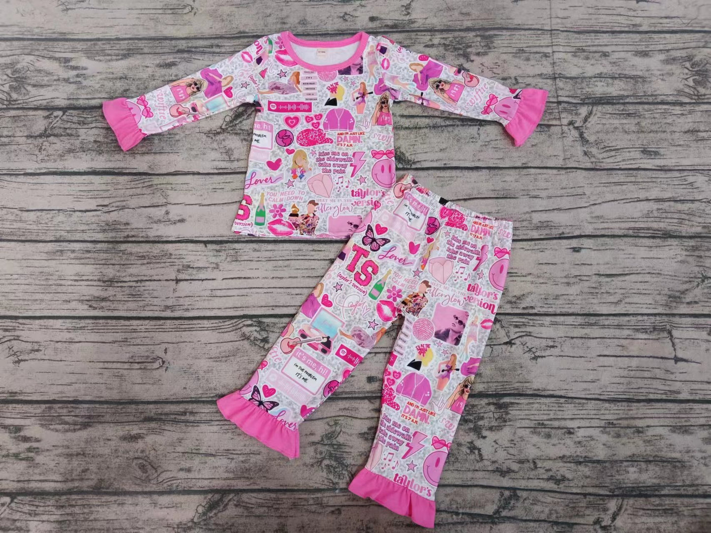 Baby Girls Singer Pink Ruffle Shirts Pants Pajamas Outfits Clothes Sets preorder(moq 5)