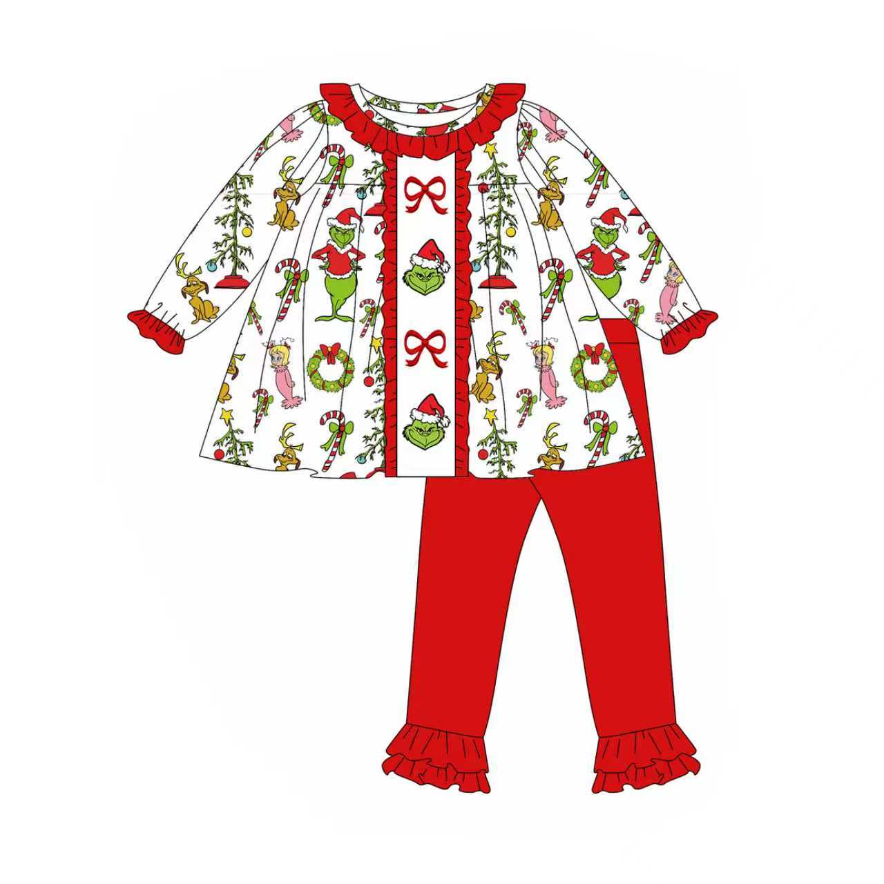 Preorder (moq 5)Baby Girls Candy Cane Green Face Tunic Ruffle Legging Christmas Clothes Set
