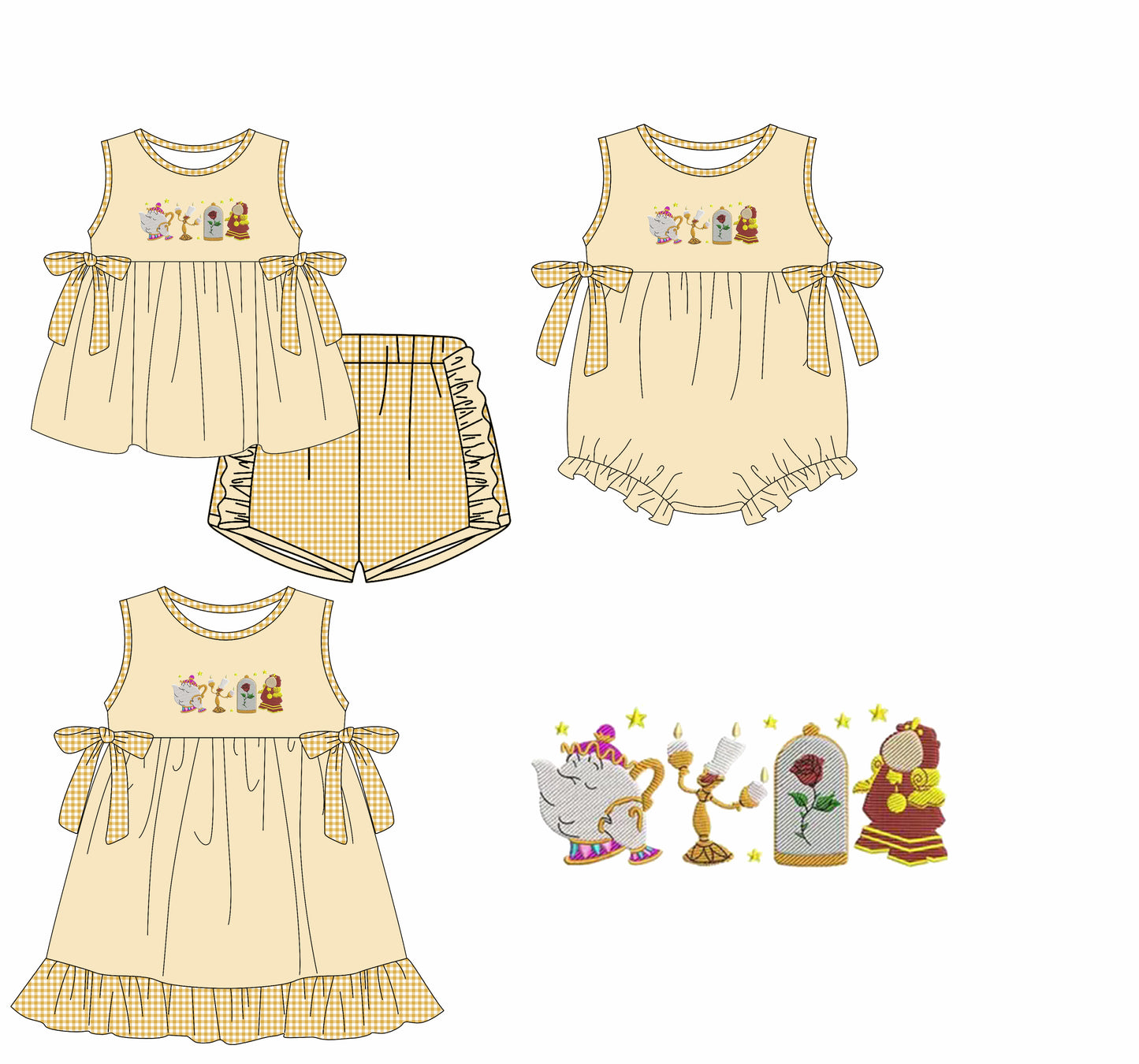 Preorder moq 5 Custom Baby Girls Yellow Sleeveless Teapots Tunic Plaid Ruffle Short Set Knee Length Dress Rompers
