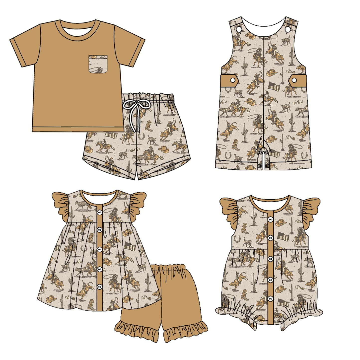 Preorder moq 5 Custom Baby Kids Khaki Button Pocket Horse Rodeos Boots Top Short Sets Rompers