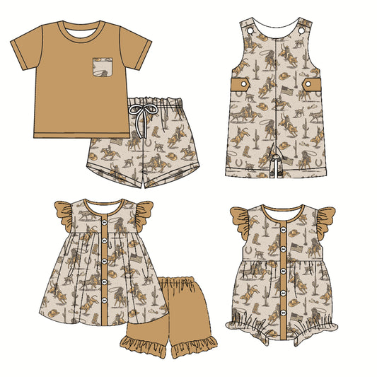 Preorder moq 5 Custom Baby Kids Khaki Button Pocket Horse Rodeos Boots Top Short Sets Rompers