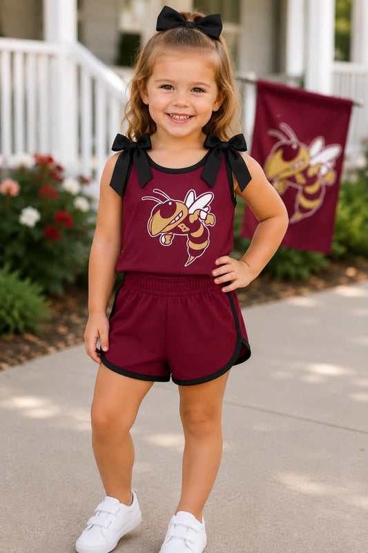 Preorder (moq 5) Baby Girls Maroon Bee Sleeveless Top Short Team Clothes Sets