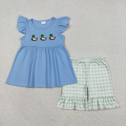 Embroidery Ducks Baby Girls Flutter Sleeve Tunic Checked Ruffle Shorts Clothes Sets