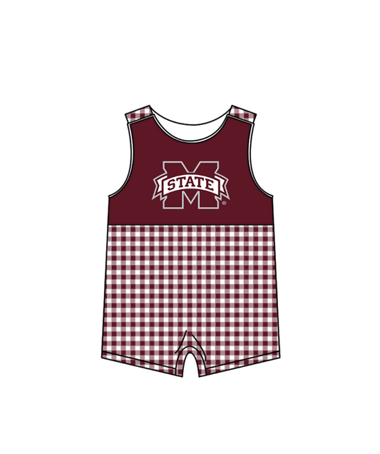 Preorder (moq 5)Baby Boys Sleeveless Red Checked M State Team Rompers