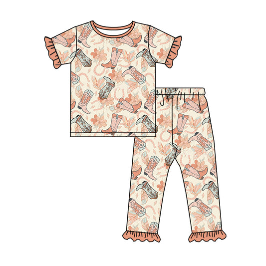 Baby Girls Western Boots Flowers Short Sleeve Top Pants Pajamas Clothes Sets preorder(MOQ 5)