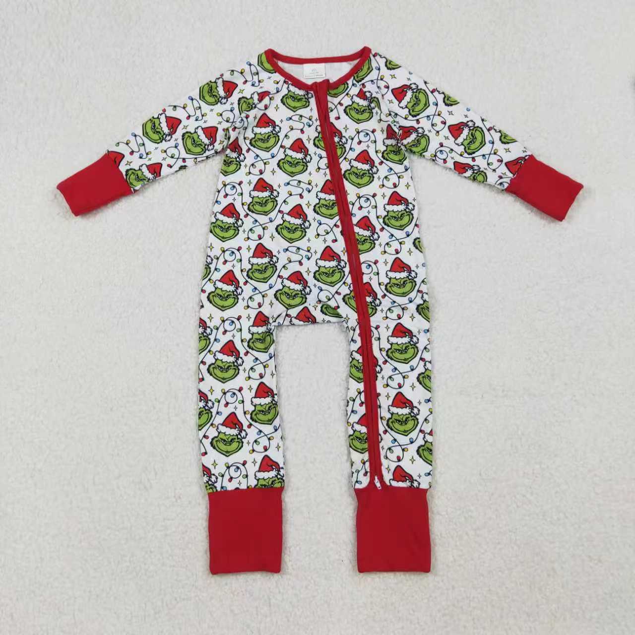 Sibling Baby Boys Green Faces Lights Christmas Pajamas Sets Zipper Footie Rompers