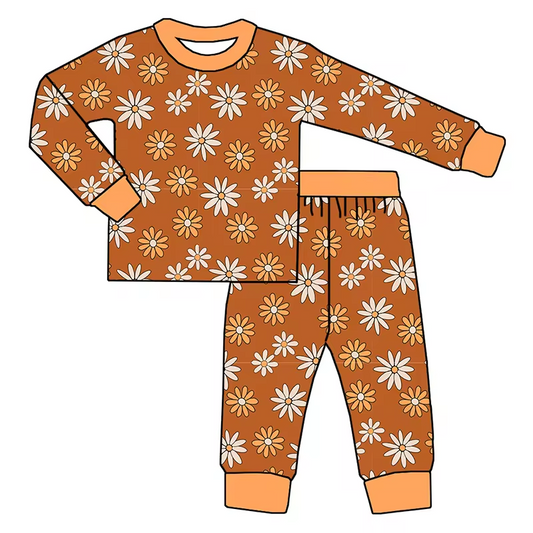 Baby Girls Bamboo Flowers Brown Shirt Pants Pajamas Clothes Sets Preorder(moq 5)