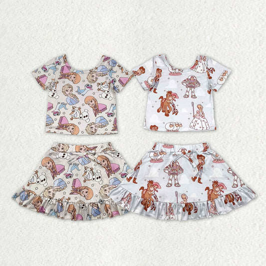 Sibling Baby Girls Short Sleeve Cartoon Princesses Top Ruffle Skirt Short Clothes Sets