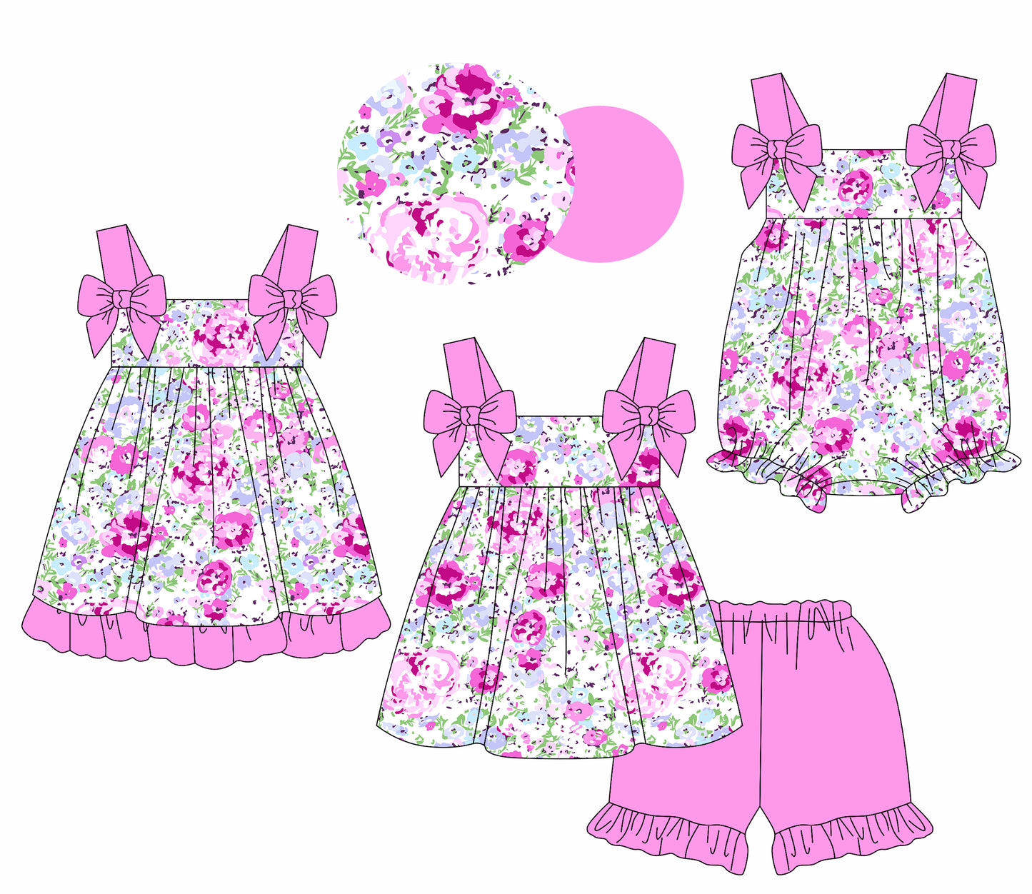 Preorder moq 5 Custom Baby Girls Pink Bows Strap Floral Tunic Ruffle Short Set Knee Length Dress And Rompers
