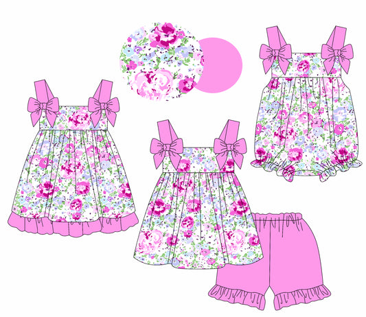 Preorder moq 5 Custom Baby Girls Pink Bows Strap Floral Tunic Ruffle Short Set Knee Length Dress And Rompers