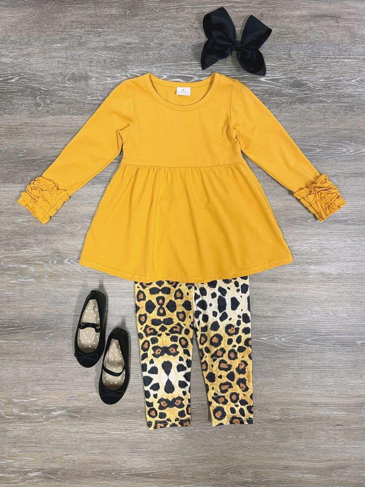 Baby girls fall Mustard tunic leopard legging pants sets