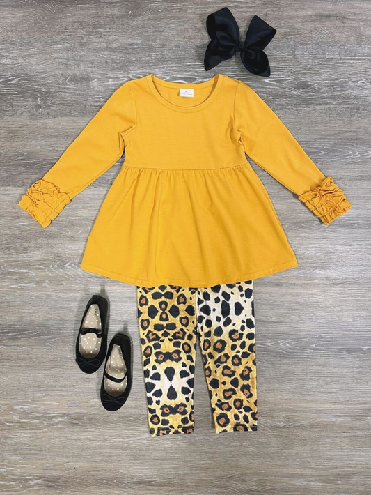 Baby girls fall Mustard tunic leopard legging pants sets