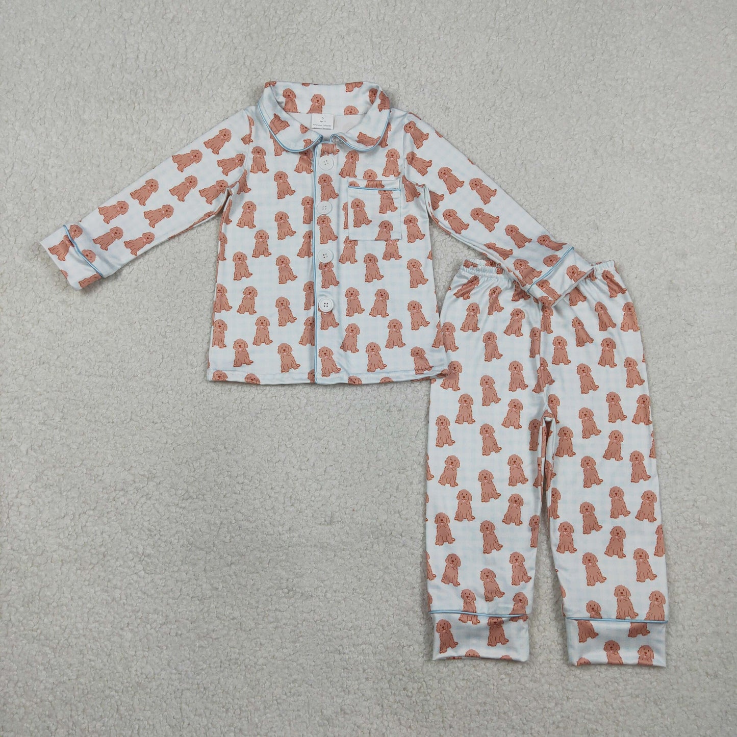 Baby Boys Blue Checked Dogs Button Pocket Top Pant Pajamas Sets