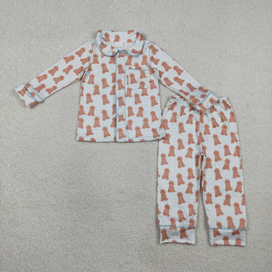 Baby Boys Blue Checked Dogs Button Pocket Top Pant Pajamas Sets