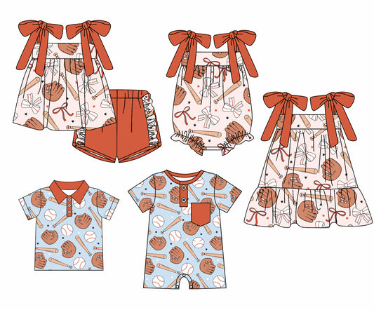 Preorder moq 5 Custom Baby Kids Red Baseballs Bows Top Short Sets Button Polo Shirts  Dresses And Rompers