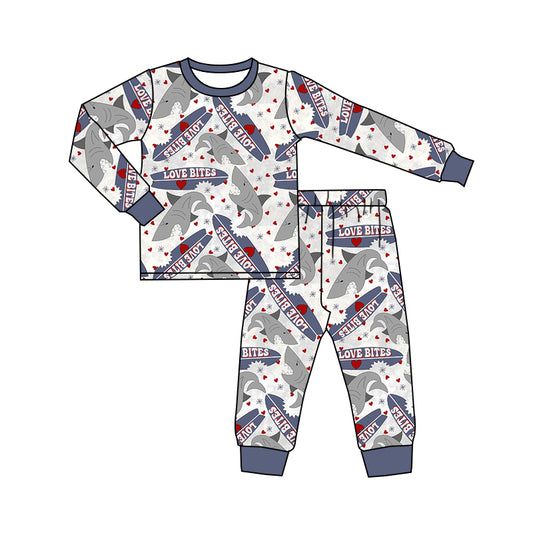 Baby Boys Blue Tee Shirts Top Shark Valentines Pants Pajamas Clothes Sets preorder(moq 5)