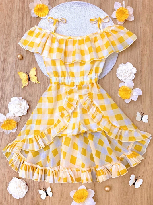 Baby Girls Yellow Checkered Straps Summer Shorts Skirts Jumpsuits preorder (moq 5)