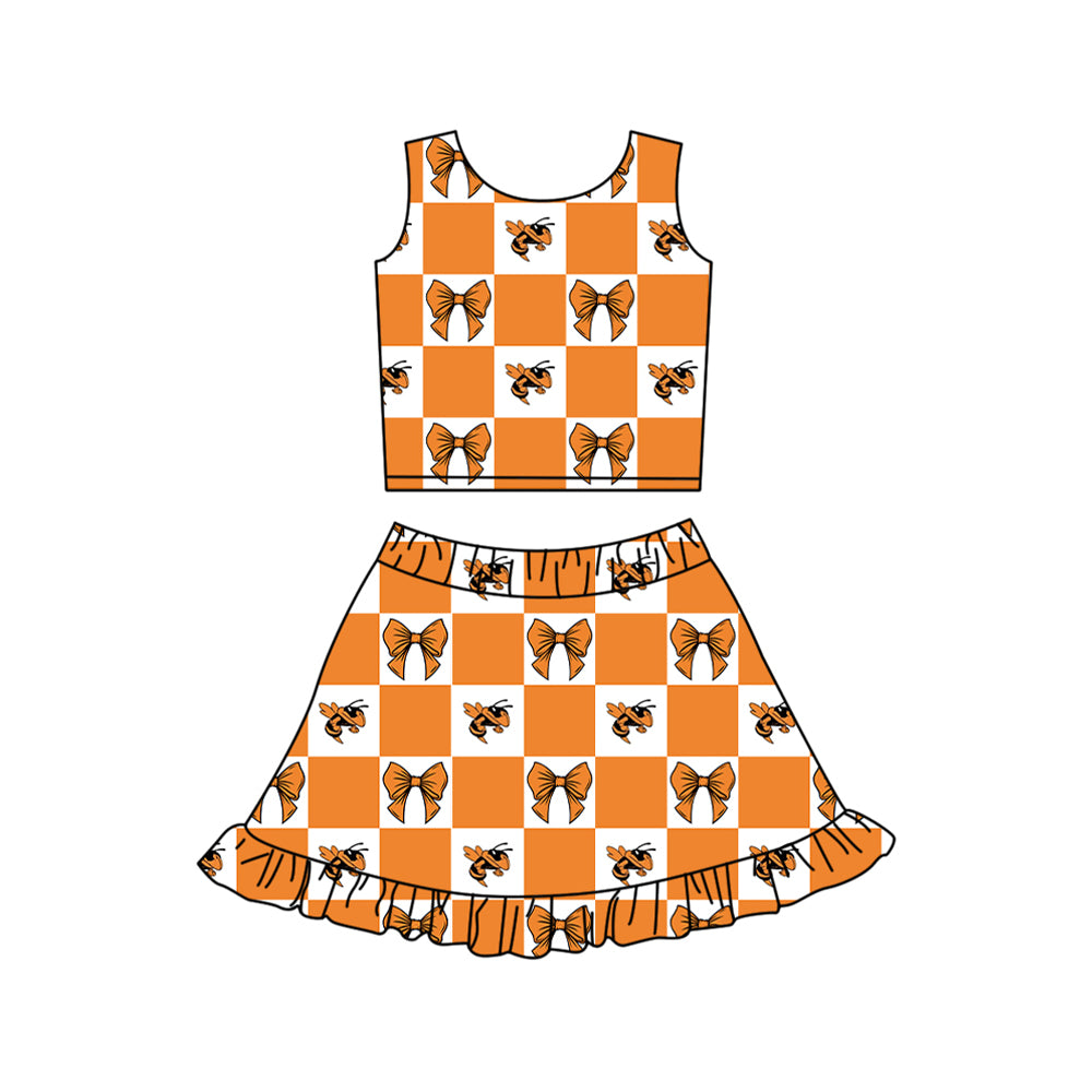 Preorder (moq 5)Baby Girls Orange Bows Hornets Checked Vest Ruffle Skirt Short Team Clothes Sets