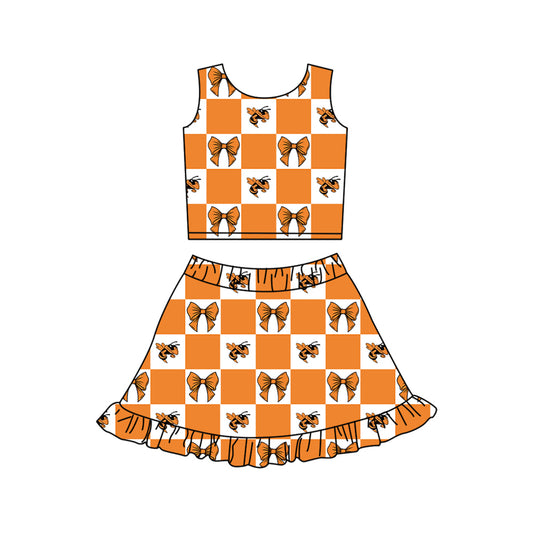 Preorder (moq 5)Baby Girls Orange Bows Hornets Checked Vest Ruffle Skirt Short Team Clothes Sets