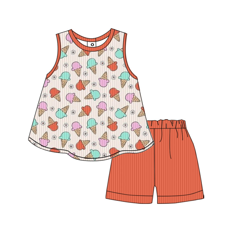 Preorder (moq 5)Baby Girls Summer Flowers Icecream Ribbed Tunic Shorts Clothes Sets