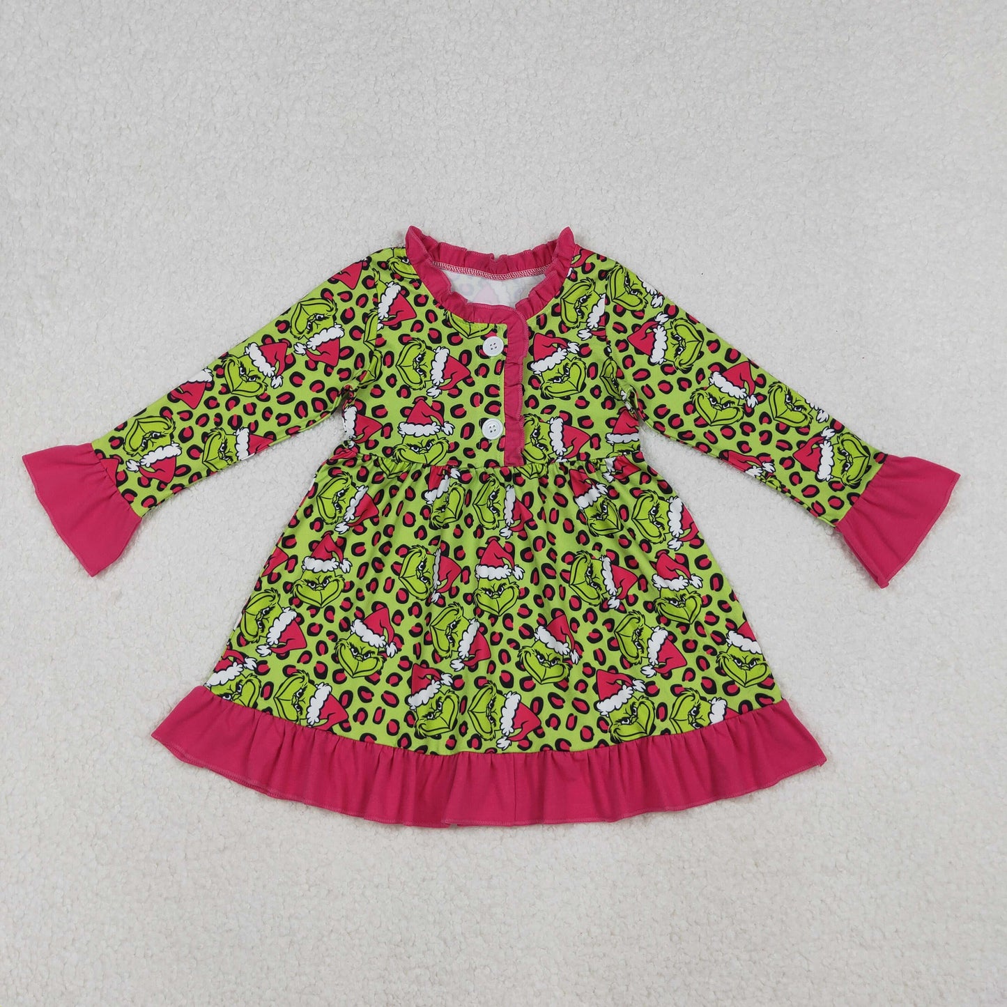 Baby Girls Green Leopard Grin Christmas Button Ruffle Knee Length Dresses
