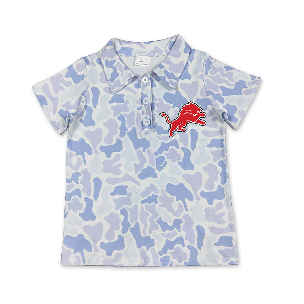 Preorder (moq 5)Baby Boys Light Blue Camo Detroit Lions Team Button Polo Shirt Top