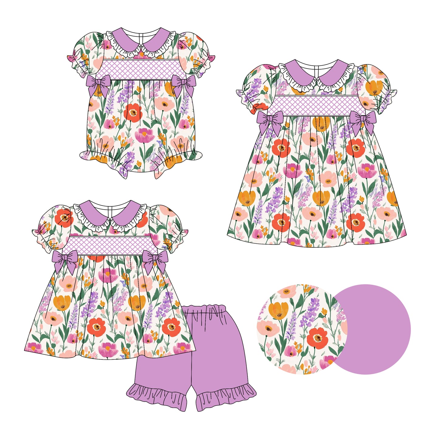 Preorder moq 5 Custom Baby Girls Lavender Short Ruffle Sleeves Floral Bows Tunic Ruffle Short Set Knee Length Dress Rompers