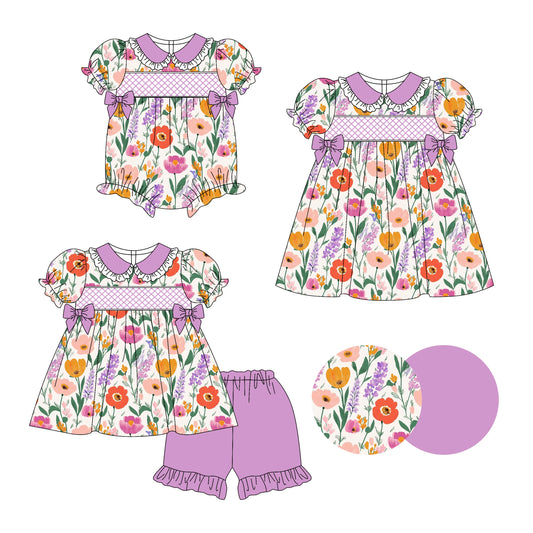 Preorder moq 5 Custom Baby Girls Lavender Short Ruffle Sleeves Floral Bows Tunic Ruffle Short Set Knee Length Dress Rompers