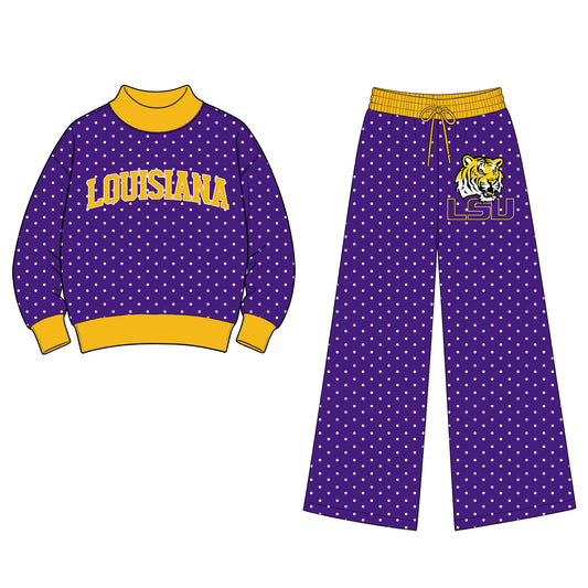 Preorder (moq5) Baby Girls Louisiana Polka Dots Choker Top Flare Pants Team Clothes Set