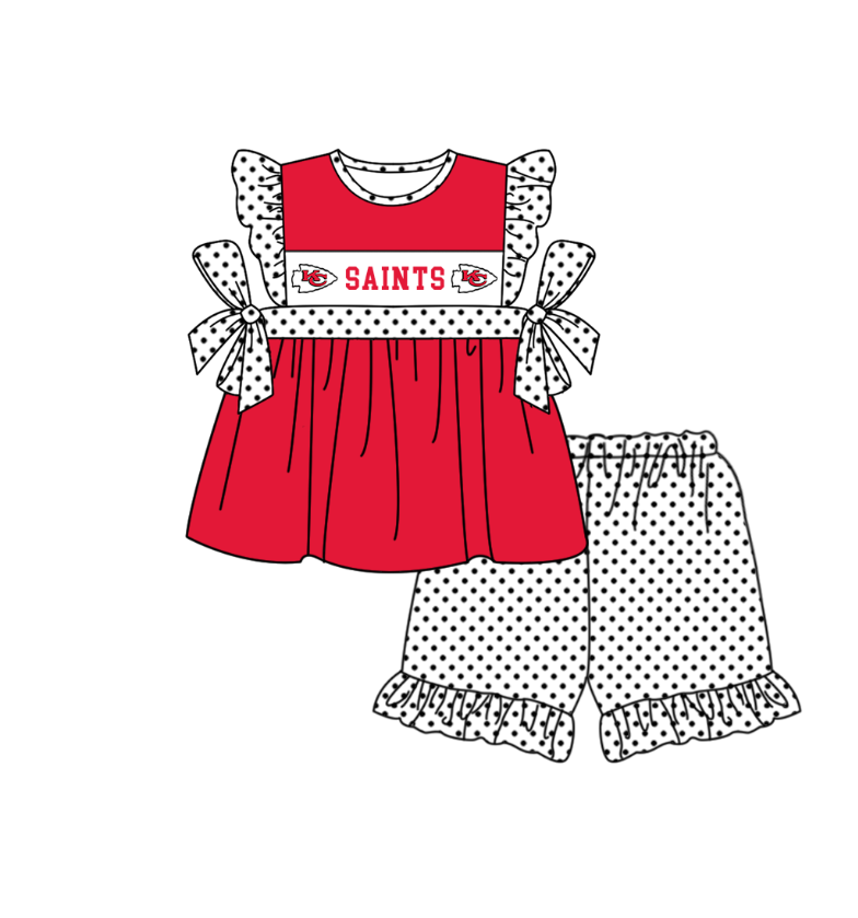 Preorder (moq 5)Baby Girls Flutter Sleeve Saints Tunic Polka Dots Ruffle Shorts Team Clothes Sets