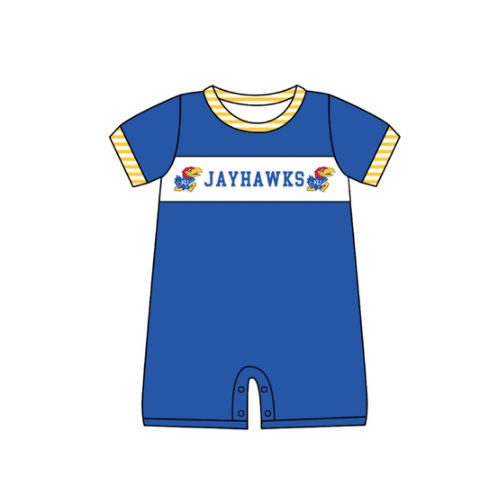 Preorder (moq 5)Baby Boys Blue Short Sleeve Jayhawks Team Rompers