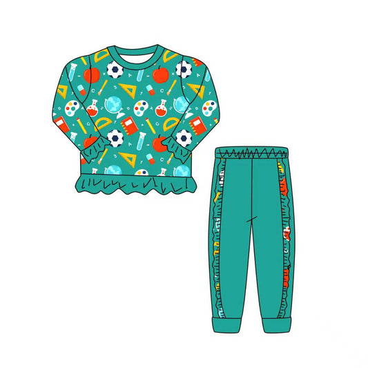 Preorder (moq 5)Baby Girls Football Apple Pencils Ruffle Top Joggers Back to School Clothes Sets